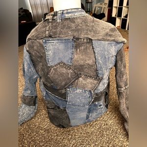 Hand-Made Washed Black/Blue Denim Patched Jacket - Size: Small
